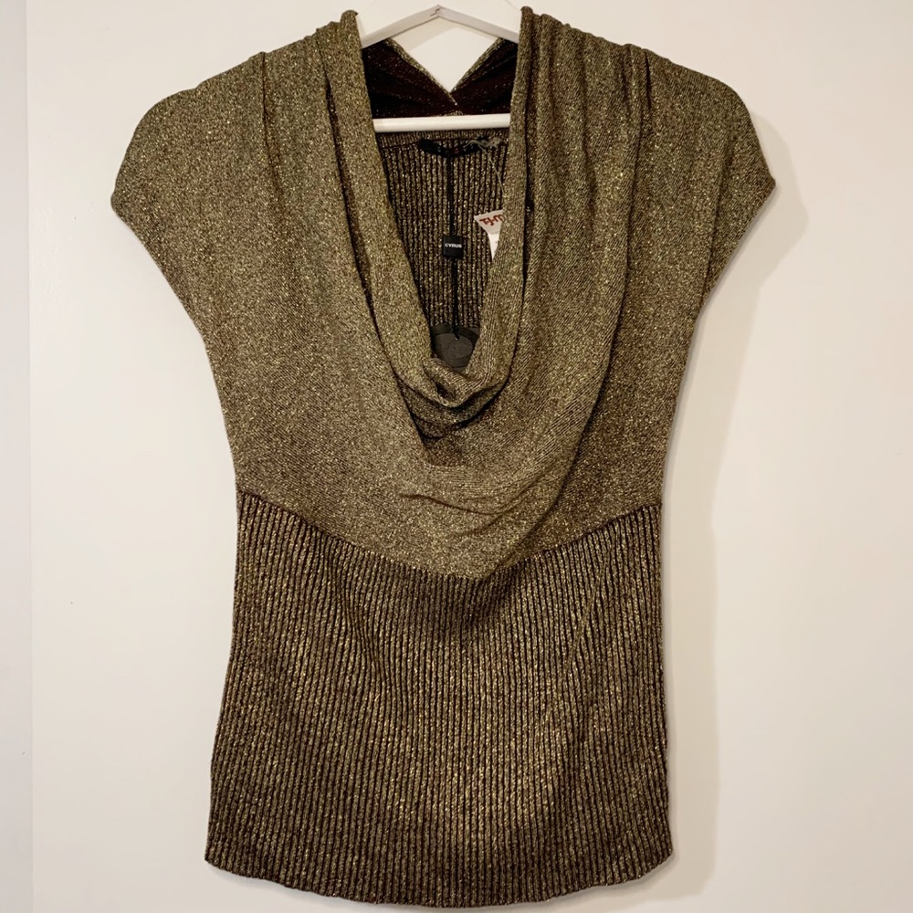 Drape Chest Front Gold Shimmer Vest Sweater Top